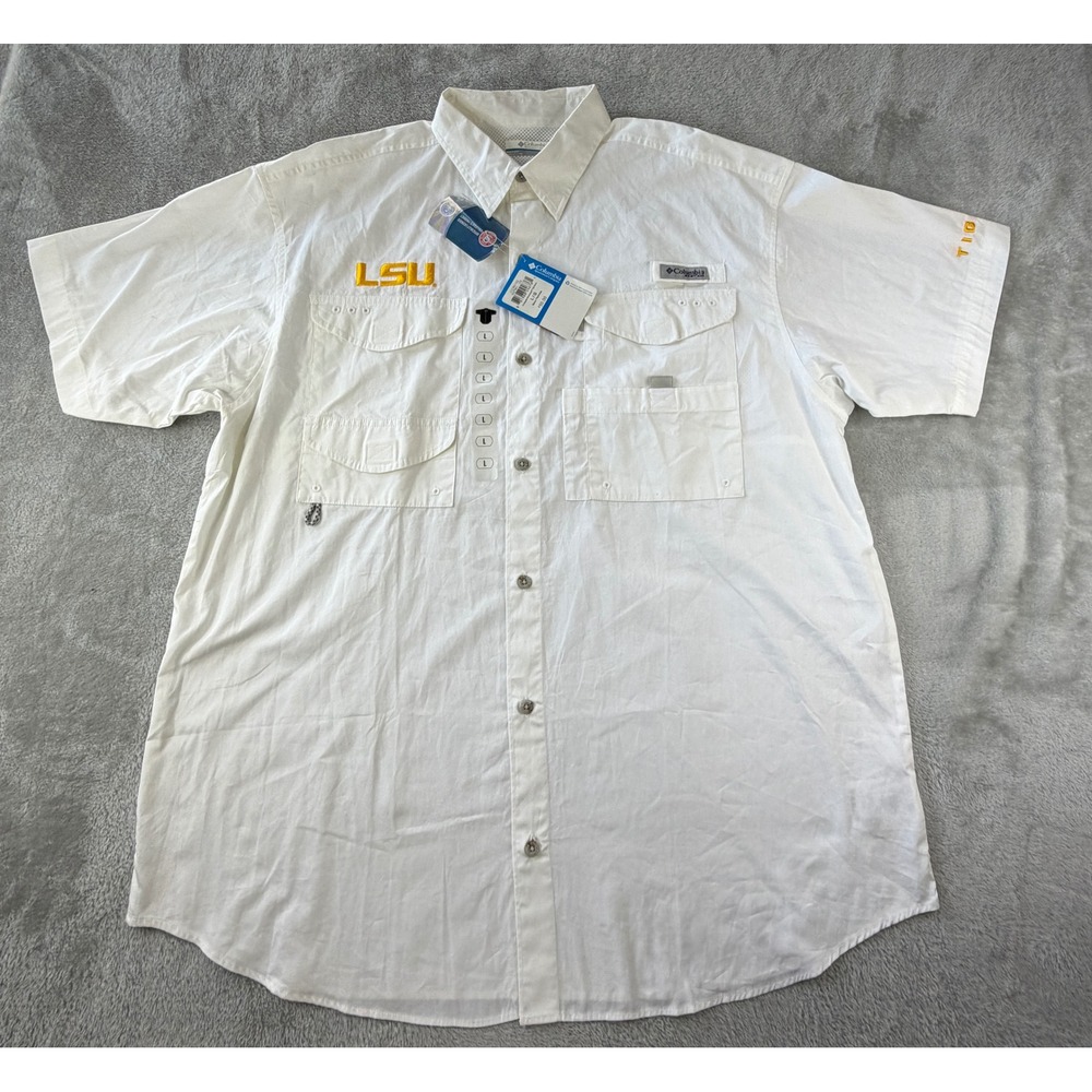 Columbia Fishing Shirt Mens L White LSU Tigers PFG Bonehead Short Sleeve NWT